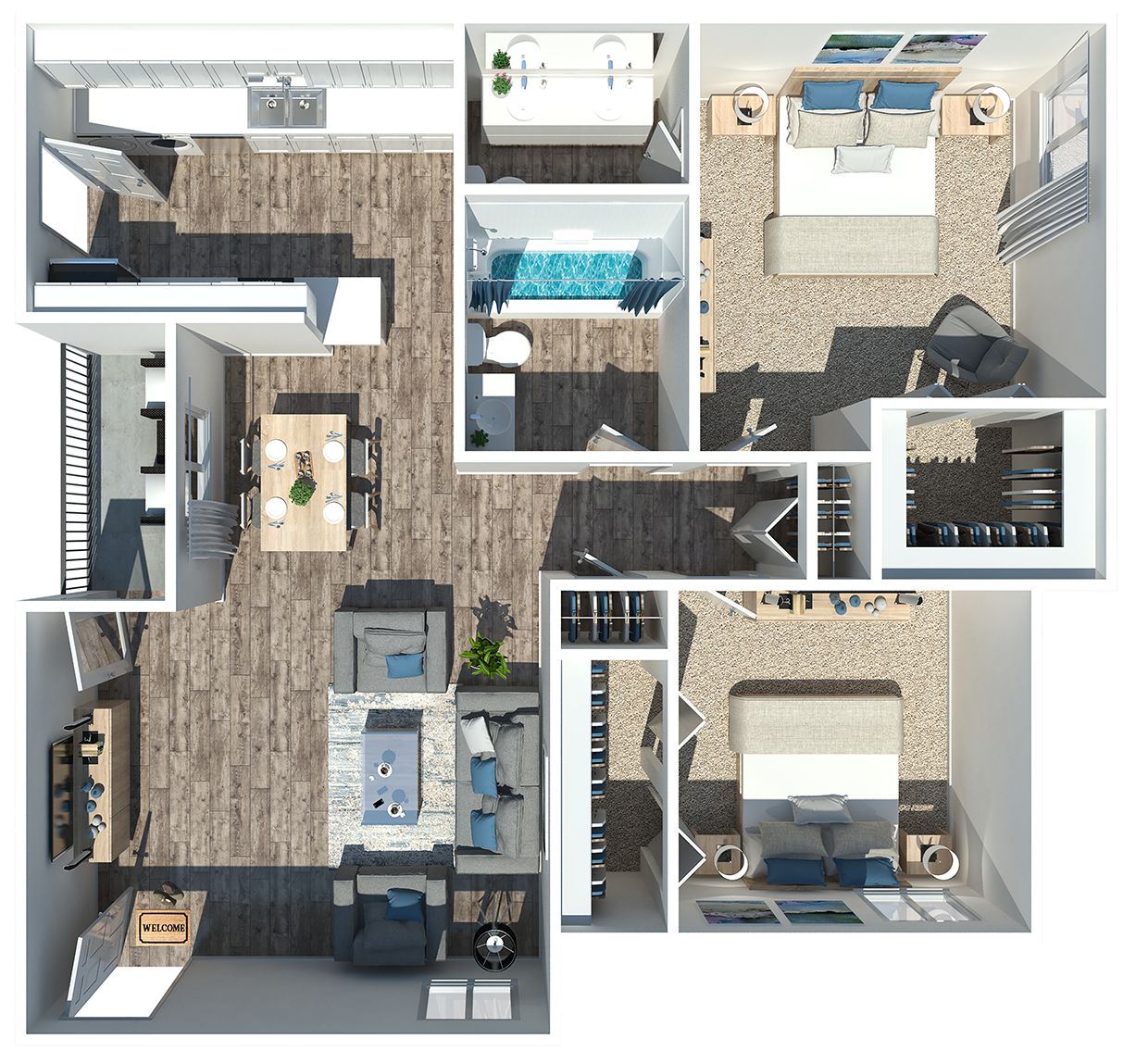 Floor plan for 2 beds, 1.5 baths, 950 sqft